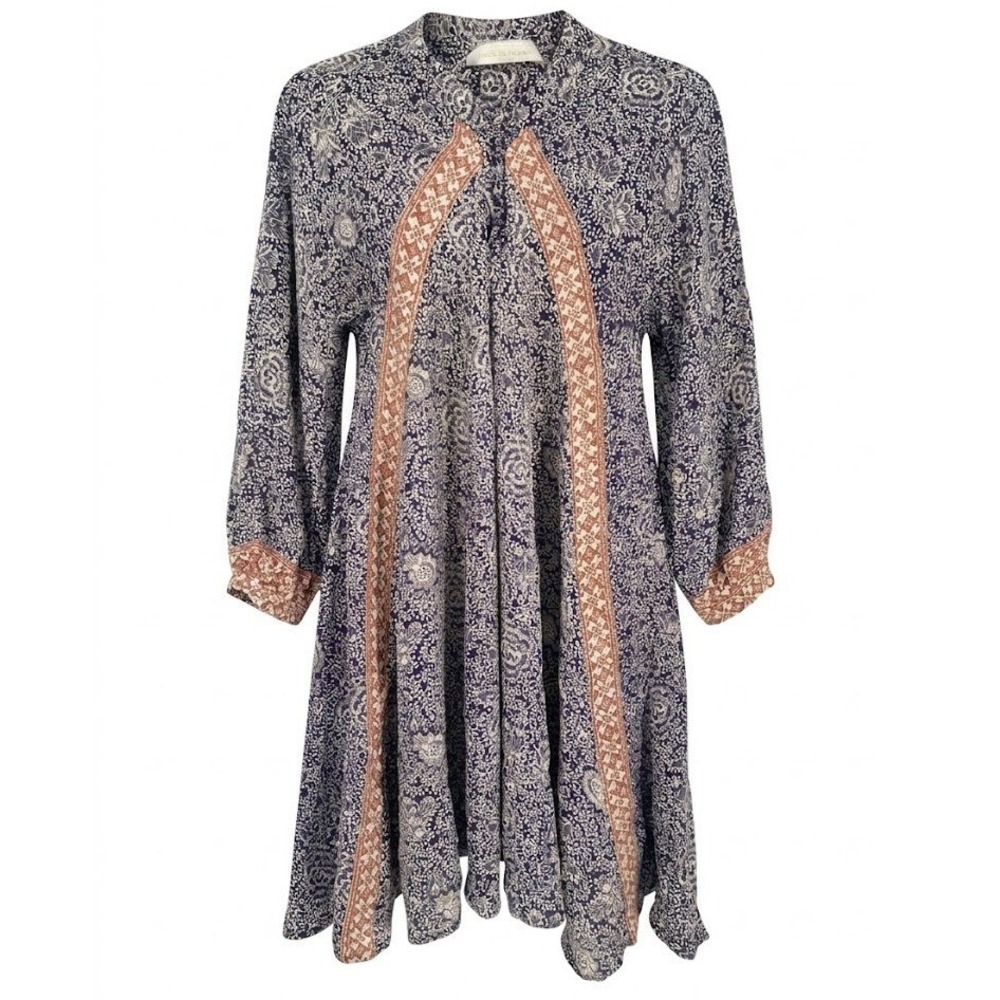Natalie Martin XS Blue Floral Batik Tunic Dress Boho Long Sleeve V-Neck - CJ